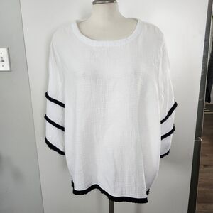 JOIE Women's Lightweight Cotton White Top Black Fringe‎ Sleeves 1X Plus Size